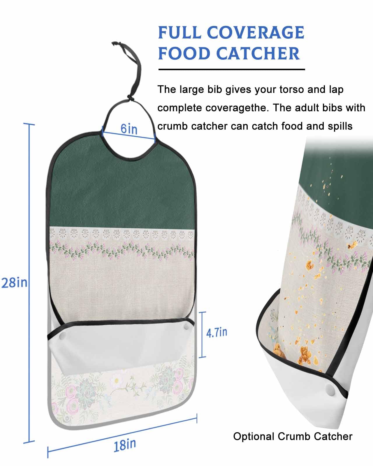LEOKOTI Turquoise Spring Floral Adult Bibs for Eating, Waterproof Bibs with Food Catcher & Snap Closure, Elegant Luxurious Botanical Rustic Washable Clothing Protectors Adult Bibs for Elderly