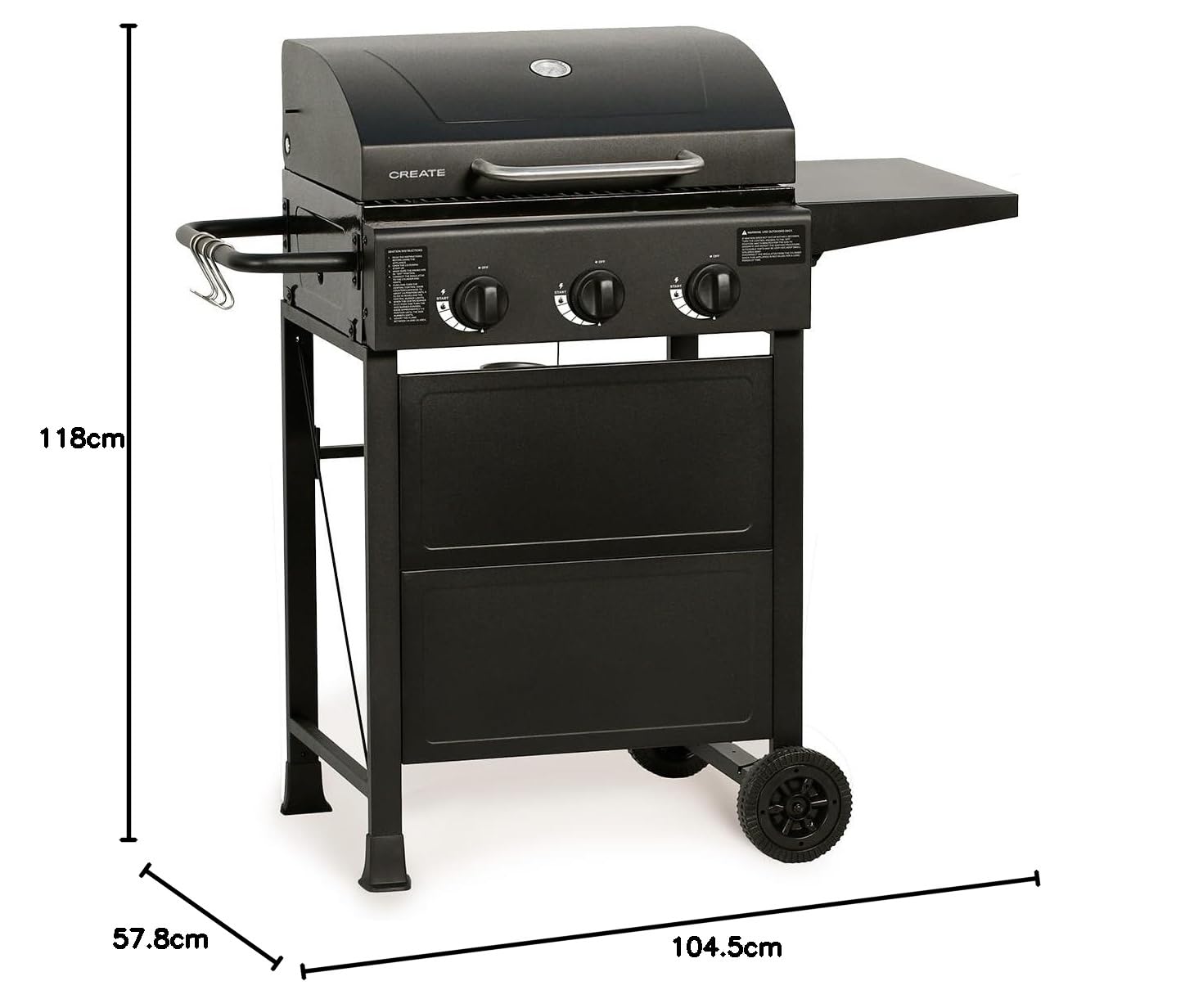 CREATE/BBQ GAS BURNER/Barbacoa de gas de 3 quemadores y mesa abatible/Encencido con botón, gran superficie de cocinado, rejilla de calentamiento, 9kW