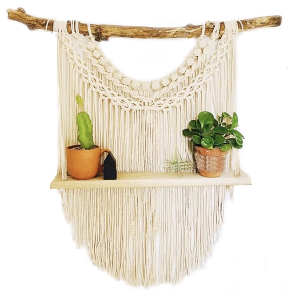 Tapices Macramé Tapiz de Pared Tejido a Mano de Estilo nórdico, decoración de Pared de Almacenamiento Tejida con Hilo de algodón de Palo de Madera Creativo