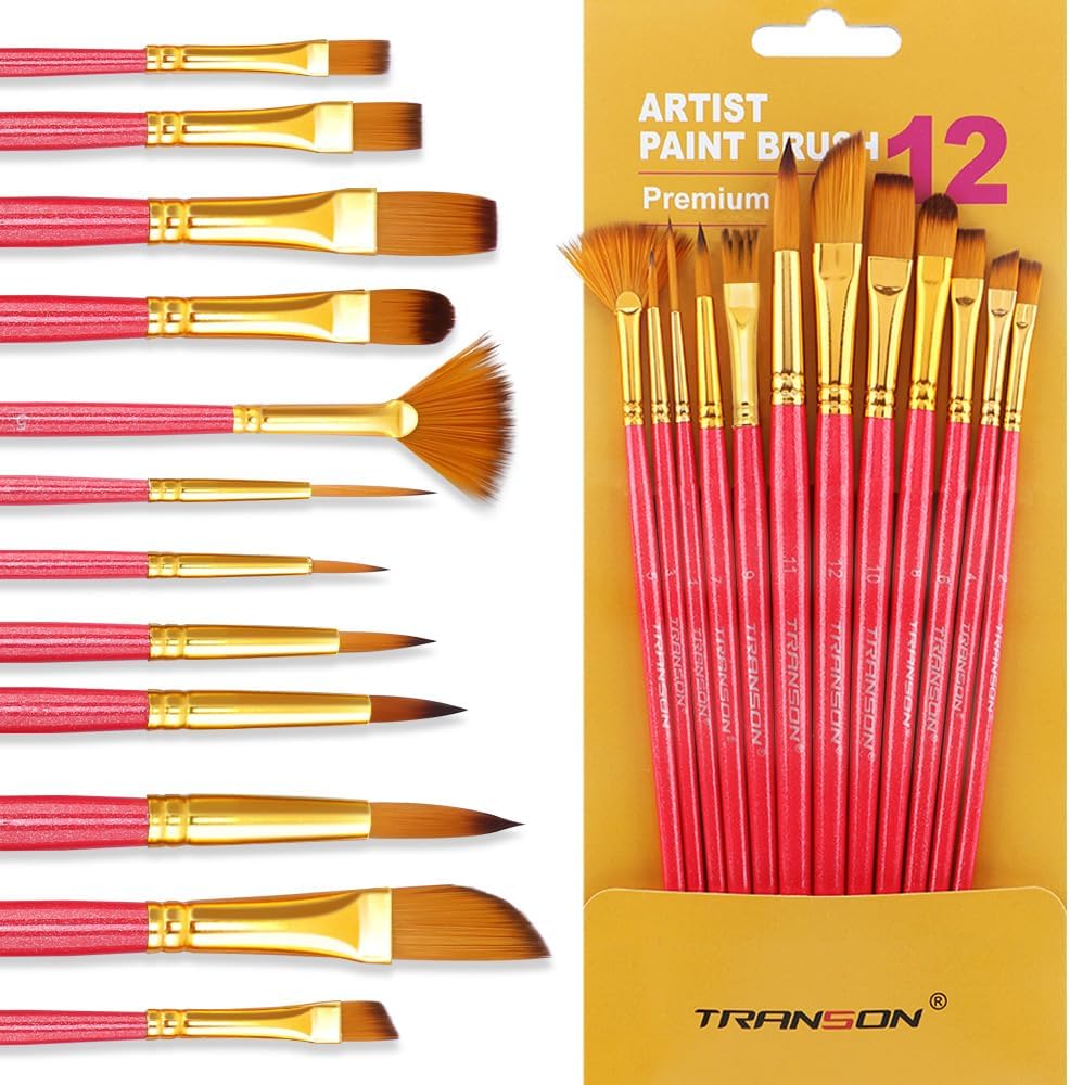 Transon Artist Paint Brush Set of 12 for Acrylic Watercolor Gouache Oil Craft Painting Hot Pink