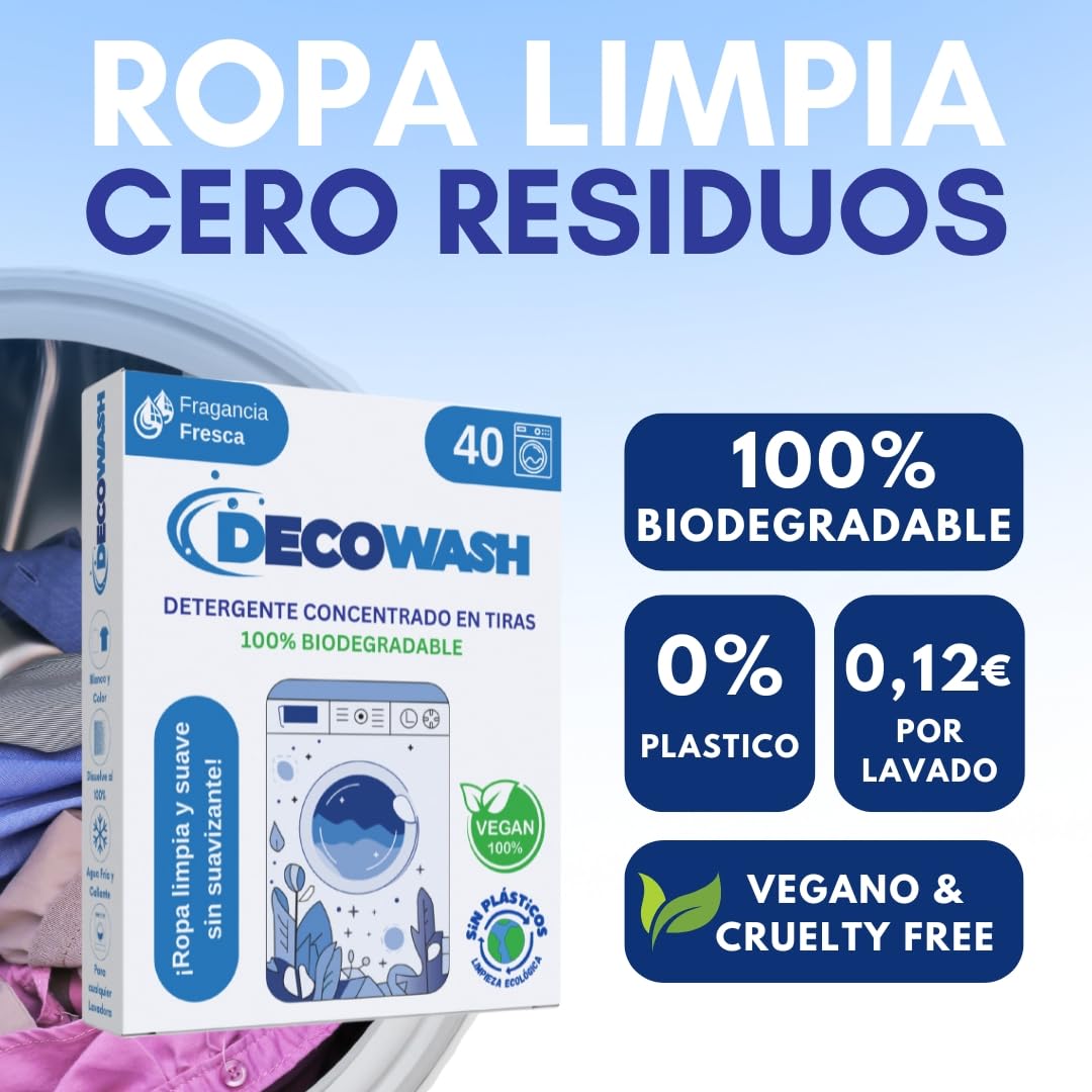 Detergente en Tiras para Lavadora (Máximo 400 Lavados) - Efecto Suavizante, Ecológico, Hipoalergénico, Vegano y Cruelty Free - Pack de 5 Unidades - (Fragancia Fresca)
