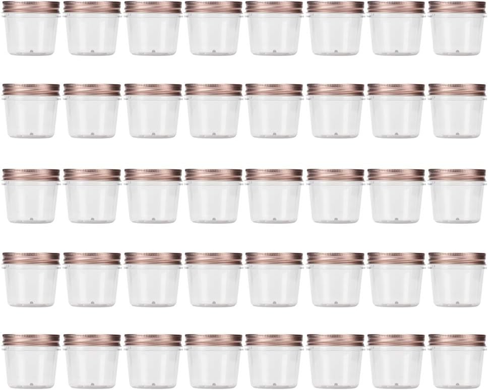 Novelinks 4 Ounce Clear Plastic Jars with Rose Gold Lids - Refillable Round Containers for Kitchen & Household Storage - BPA Free (40 Pack) 40 Pack 4 Ounce Rose Gold
