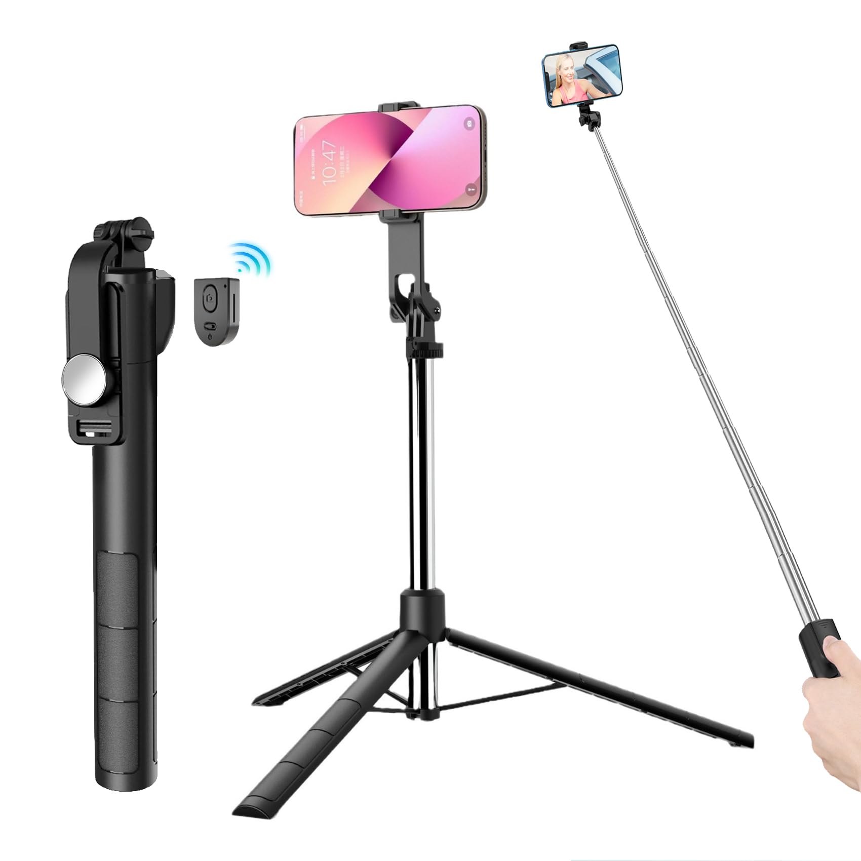 Jieyuchu Black Selfie Stick Tripod, 67 Inch 170Cm Extendable Selfie Stick With Detachable Wireless Remote, Portable Travel Tripod Stand For Iphone/Samsung/Android/Camera