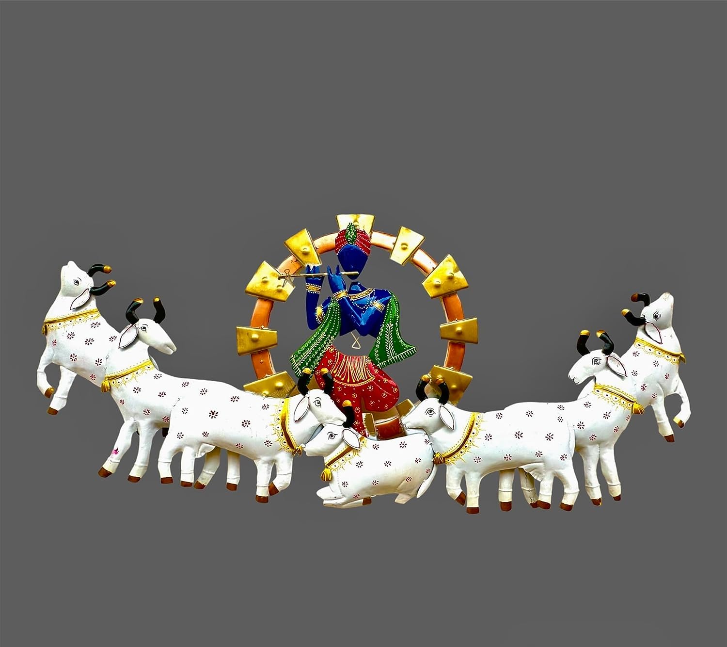 RSN Aesthetic Metal Handpainted Rustic Iron Wall Hanging of 7 Cow Krishna Art Sculpture for Home Office Wall Decor/Wall Hanging (55 inches) 1