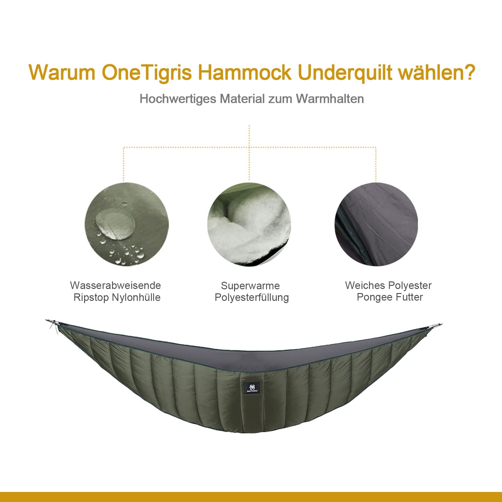 OneTigris Hideout Hängematte Underquilt Isomatten Underblanket für Hängematten Unterdecke Wärmeschutz Ultraleicht für Outdoor Wandern Camping 280x120cm(Armee Grün)