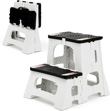 Folding Step Stool, 2-Step 8 17, Non-Slip, 300lb Capacity | No Assembly, Stable A-Frame, Safety Lock, Anti-Slip Rubber Feet, Collapsible Stool for Kitchen Bathroom Bed RV Offic Garden