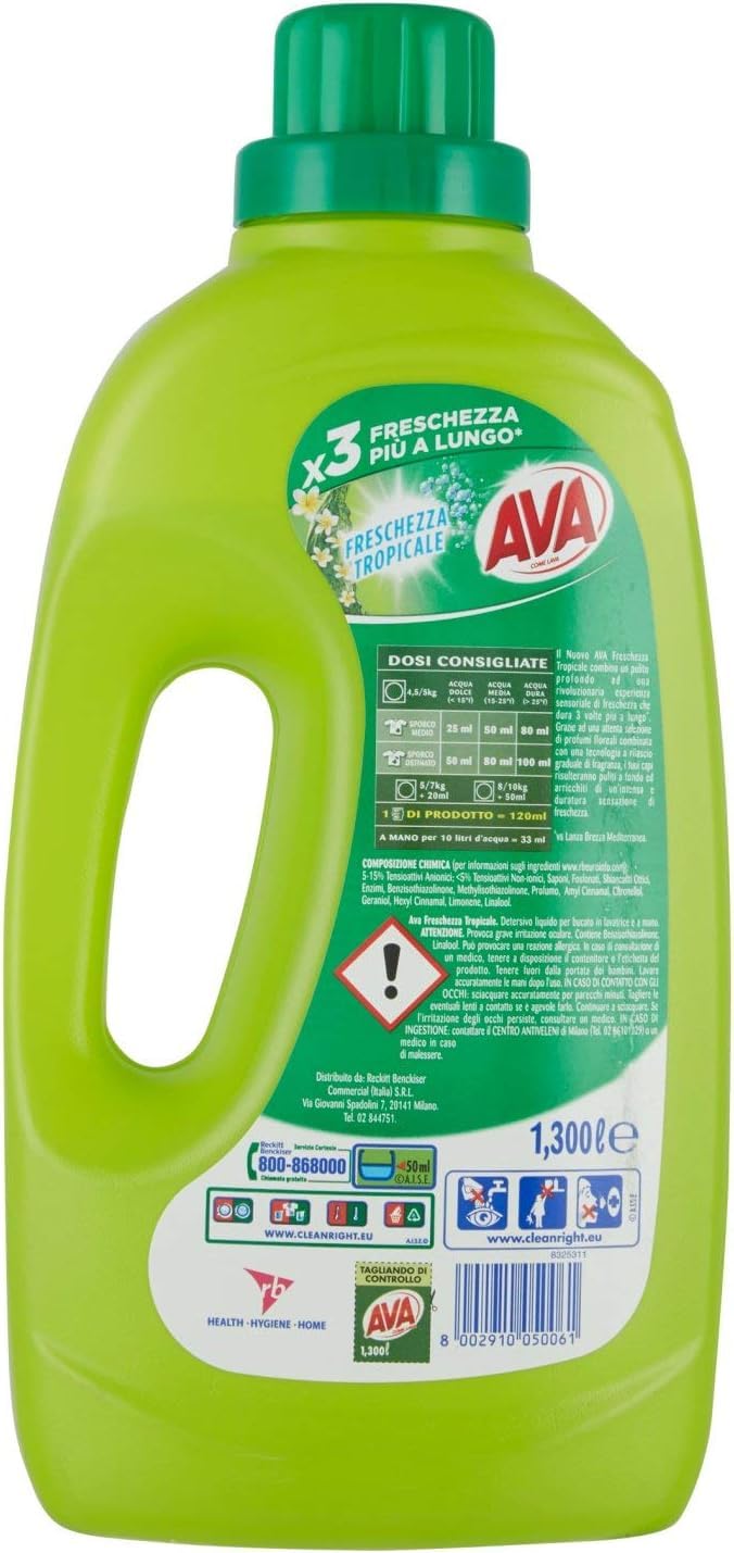 Ava Detersivo Lavatrice Freschezza Tropicale - Detersivo - Detersivo - Lavadora Líquido Detersivo para la lavadora, 26 lavados 1300 ml + llavero Beni Culinari gratuito
