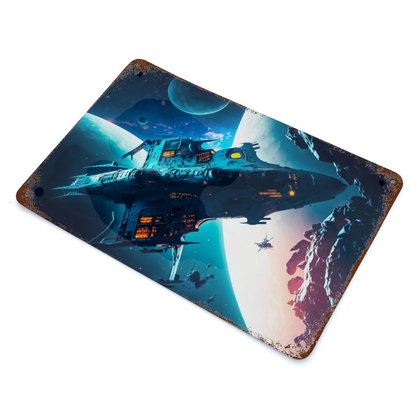 Ancient Spacecraft Rust Effect Tin Sign 11.8"x7.9", Ideal for Cafe, Home Bar And Lounge Decor