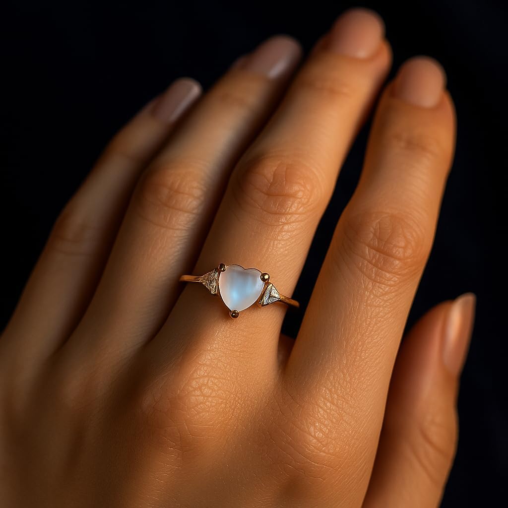 Heart Shape Moonstone Engagement Ring for Women 10K Yellow Gold Solitaire with Trillion Diamond Accents Dainty Minimalist Promise Ring Elegant Jewelry Gift for Lover