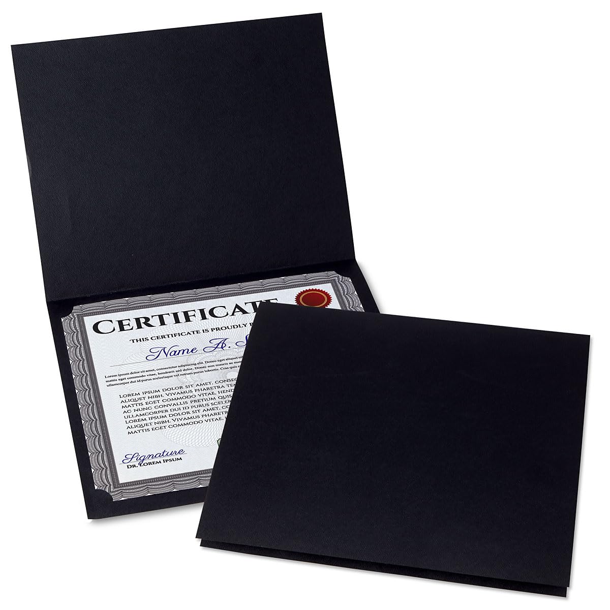 Plain Black Certificate Folders - Pack of 10, Linen Cover 80 lb. Stock, Folded, Die-Cut Corners, for Office, Business Awards, Graduation, School