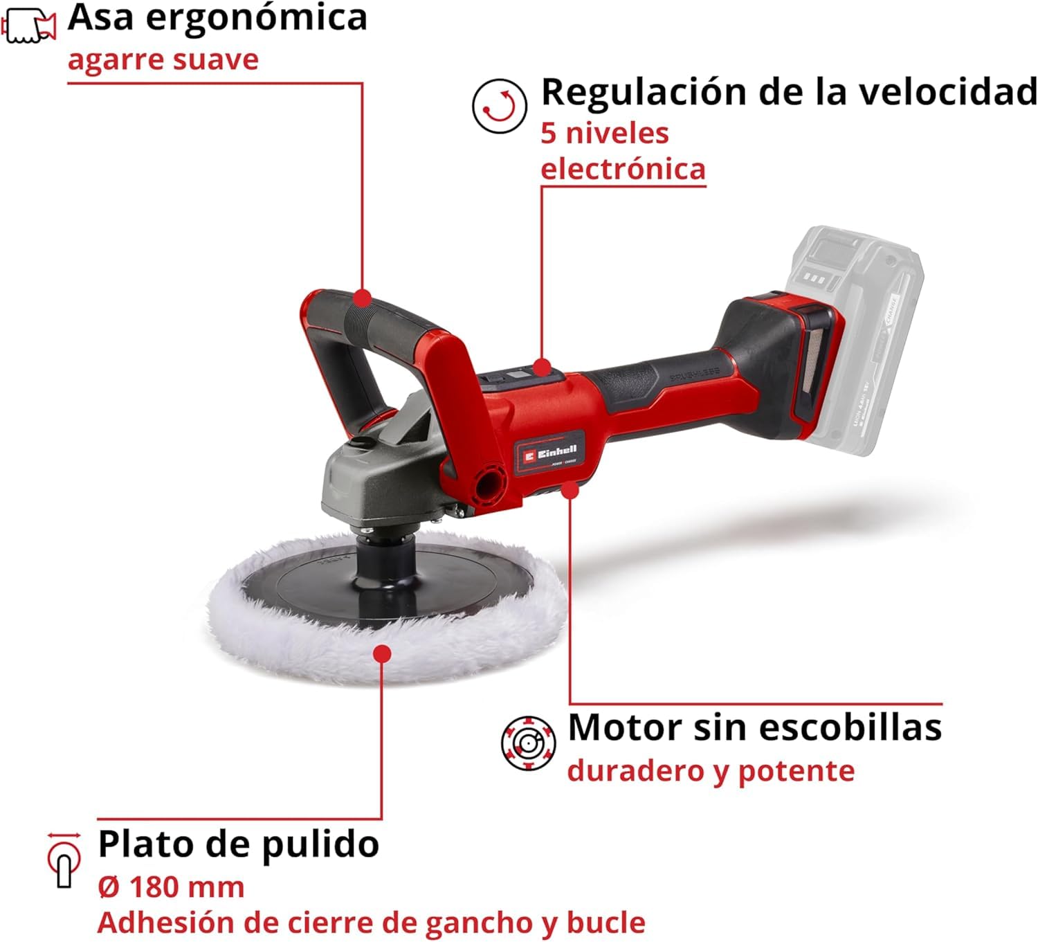 Einhell Máquina pulidora lijadora con batería CE-CP 18/180 Li E-Solo Power X-Change (18 V, iones de litio, Ø180 mm, incl. capuchas de pulido adicionales + papel de lijasin, sin batería ni cargador)