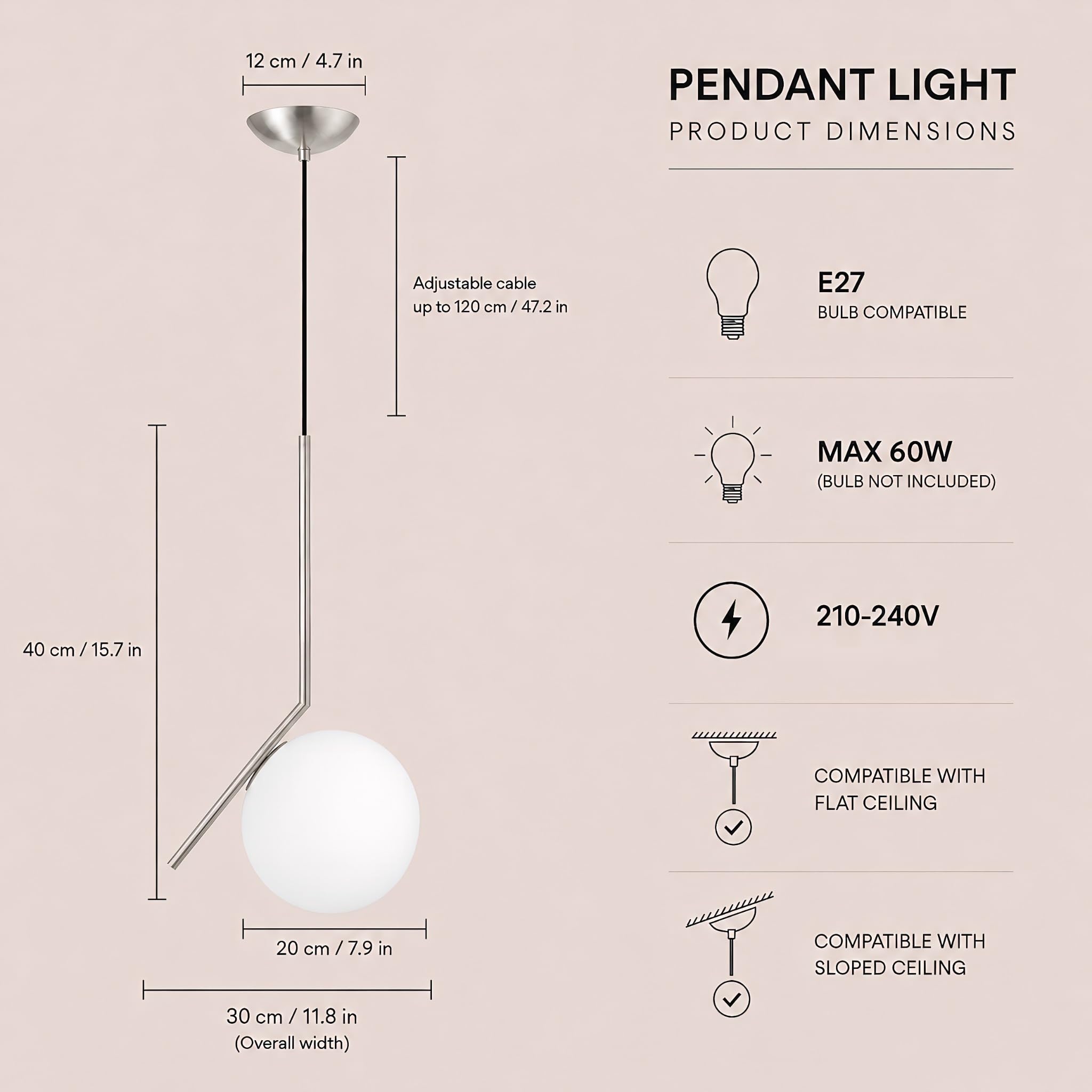 Lámpara colgante asimétrica de vidrio, Lámpara colgante E27, Globo de vidrio opalino, Barra de hierro Plateado, Cable ajustable 120cm para isla de cocina, comedor, dormitorio, cafetería (20CM)