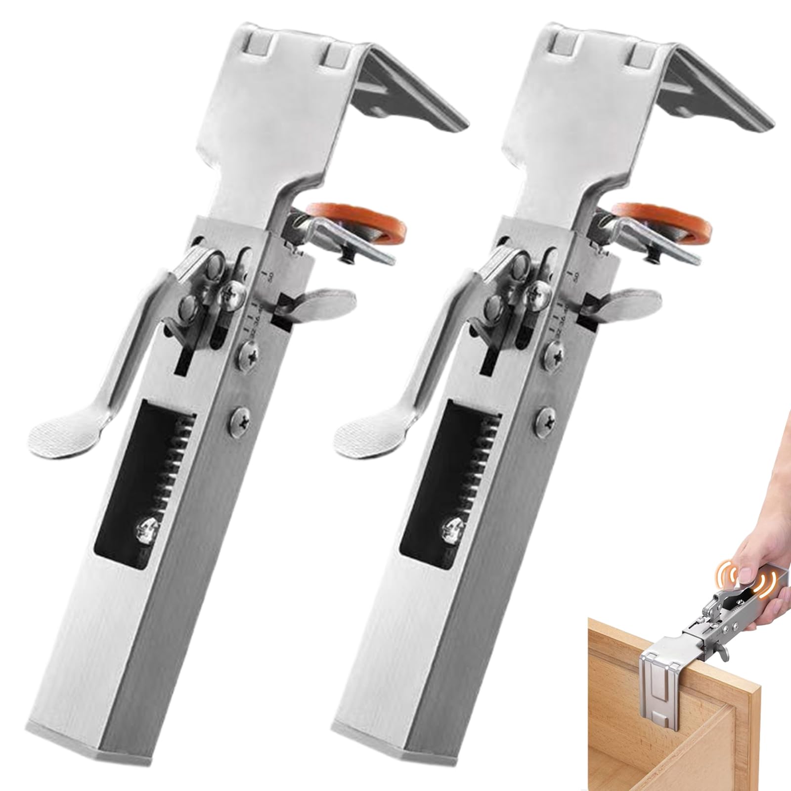 2PCS Drawer Front Installation Clamps, 21-50mm Adjustable Stainless Steel Drawer Fixing Clamp, Right Angle Slide Jig with Press Handle