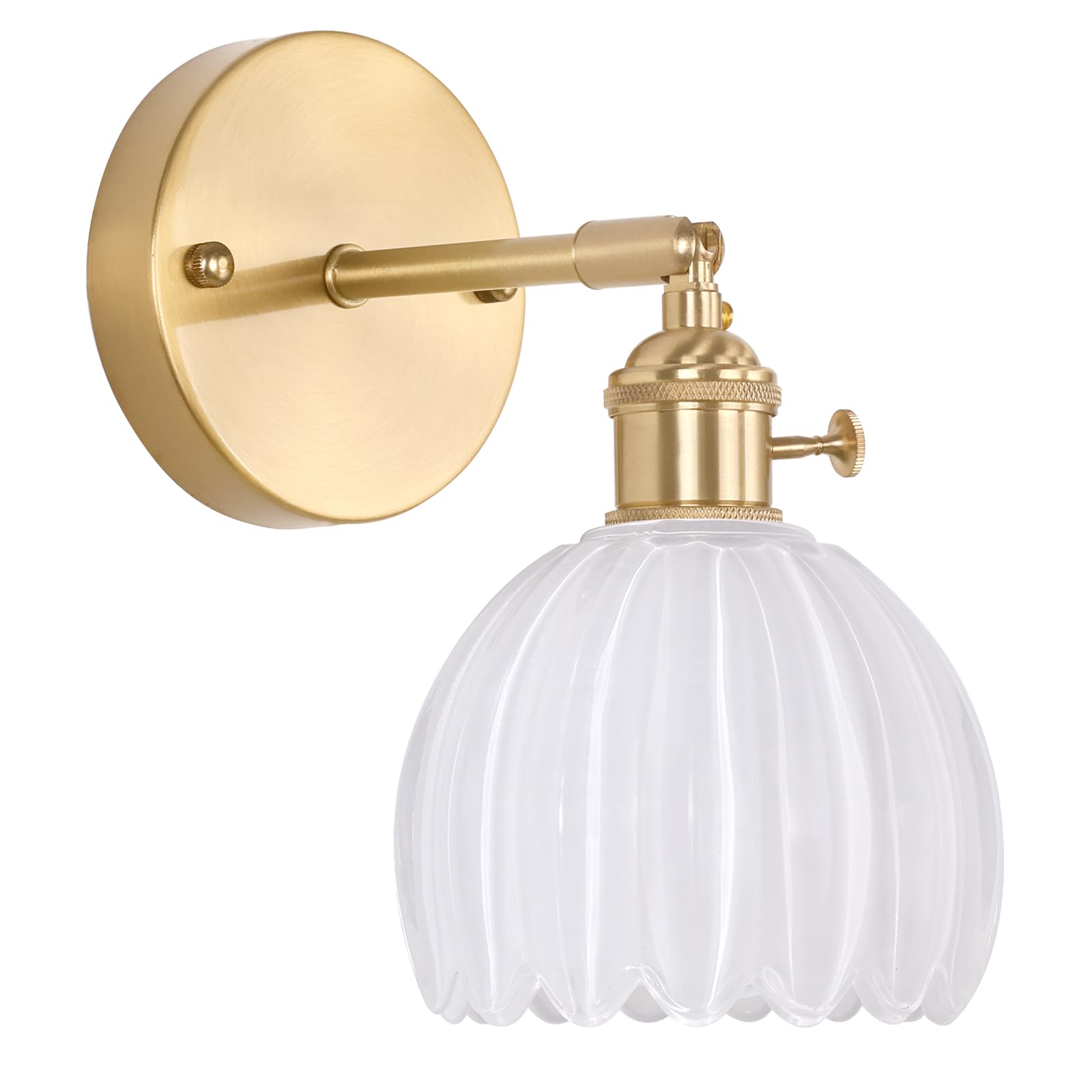 Vintage Wall Sconces with Cute White Tulip Glass Lampshade 180 Degree Adjustable Brass Sconces Hradwired Modern Wall Lighting Fixture with Switch for Bedside Bedroom Doorway