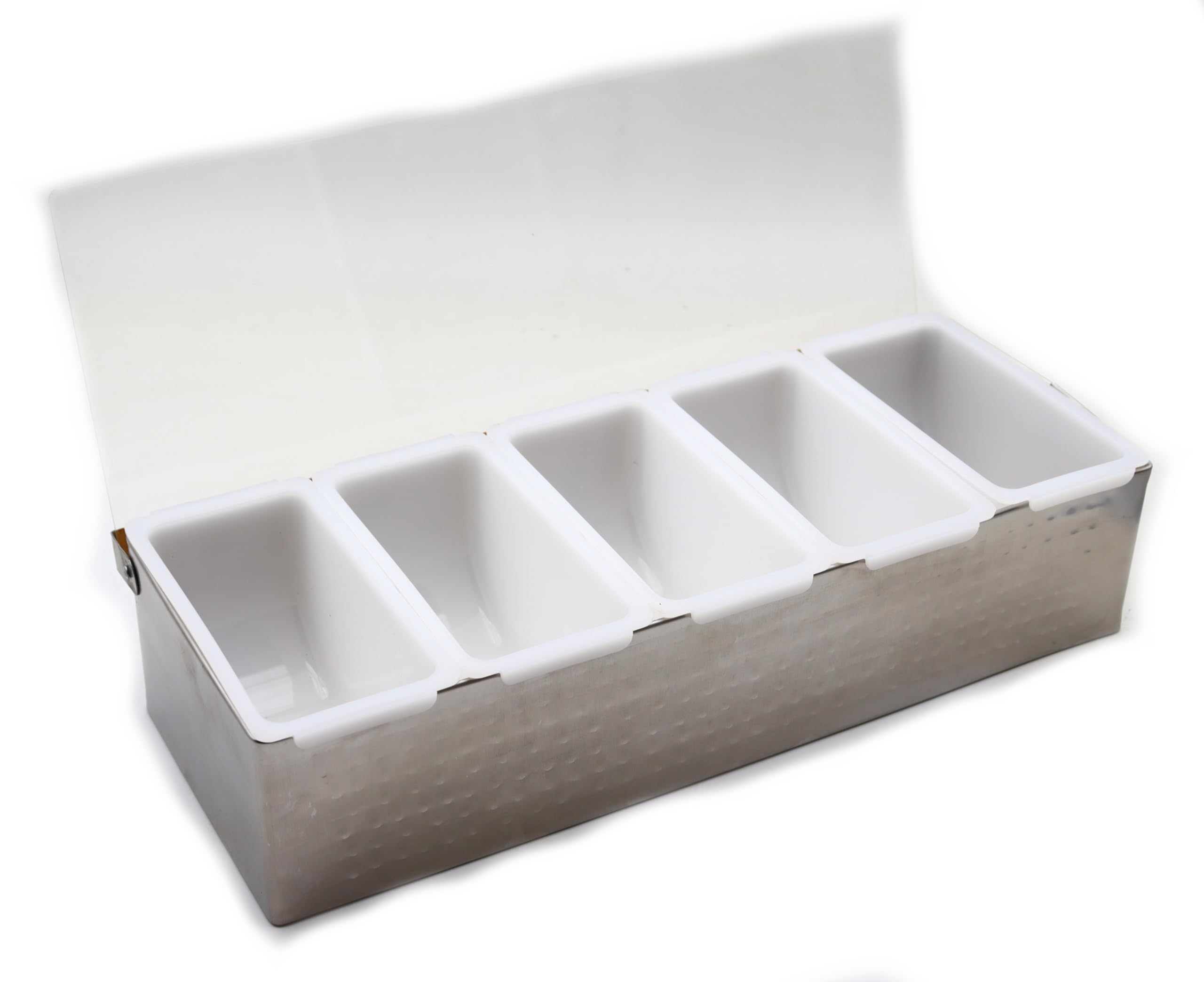 Porta Condimenti 5 Vaschette in Acciaio Inox Martellato, Dispensatore di Condimenti, Contenitore Portacondimenti con Coperchio Pizza Bar , Vassoio per Frutta Contorno e Condimento (5 scomparti)