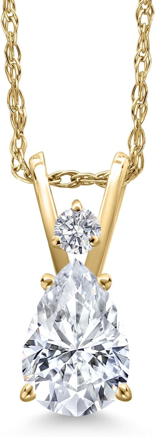 Gem Stone King 14K Yellow Gold White Moissanite and Lab Grown Diamond Pendant Necklace for Women | 0.69 Cttw | Gemstone Birthstone | Pear Shape 7X5MM | With 18 Inch Chain