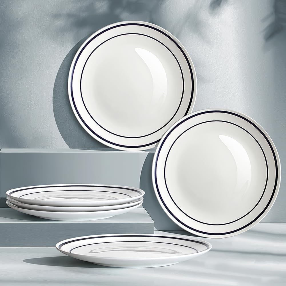 YFWOOD 6.5 Inch Blue and White Appetizer Plates Set of 6, Porcelain Dessert Plates, Dishwasher & Microwave Oven Safe Stackable Plates for Fruit, Snack, Kids Meals- White & Blue Double Line