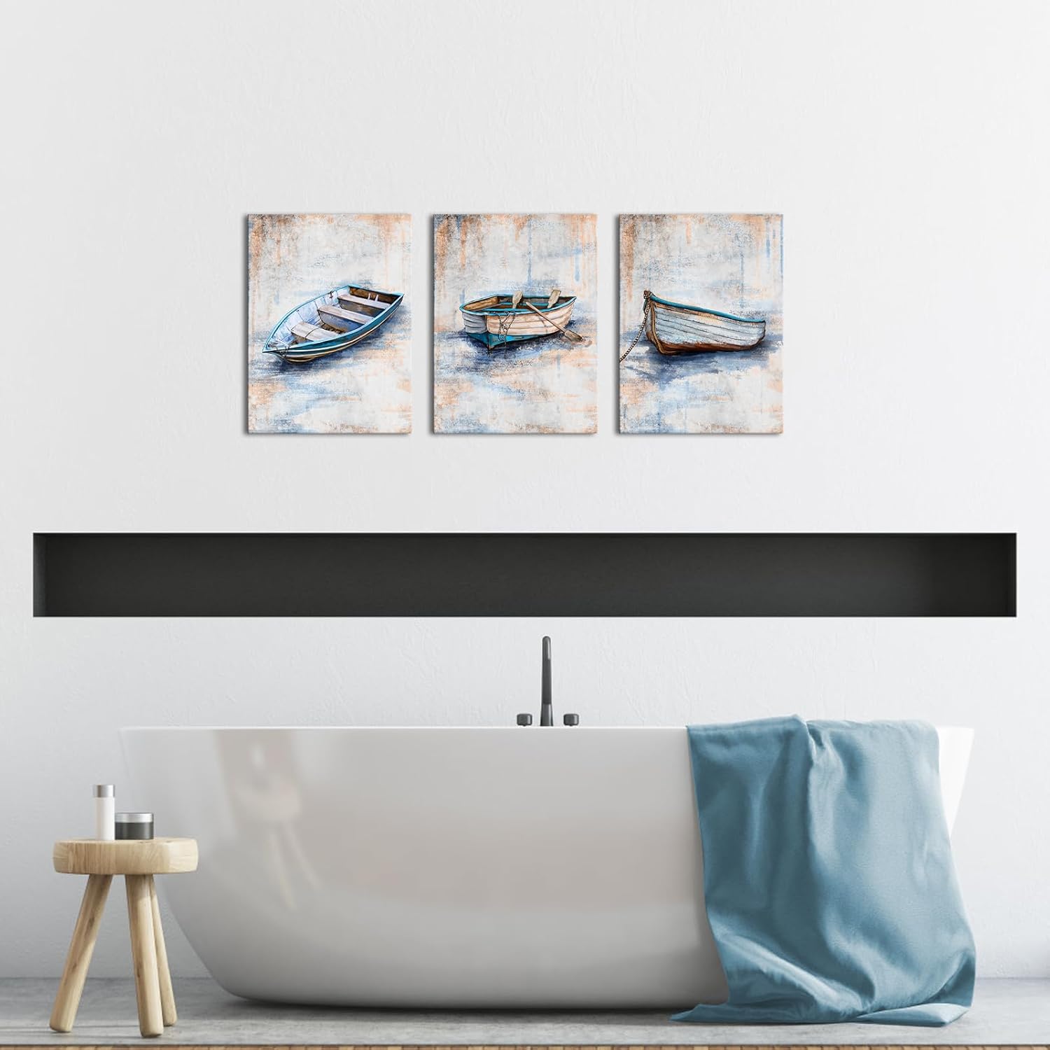 KLVOS Coastal Beach Canvas Wall Art Blue Sailing Boat Painting Pictures Framed Abstract Nautical Artwork for Bathroom Living Room Bedroom Home Decoration 12x16inchx3PCS