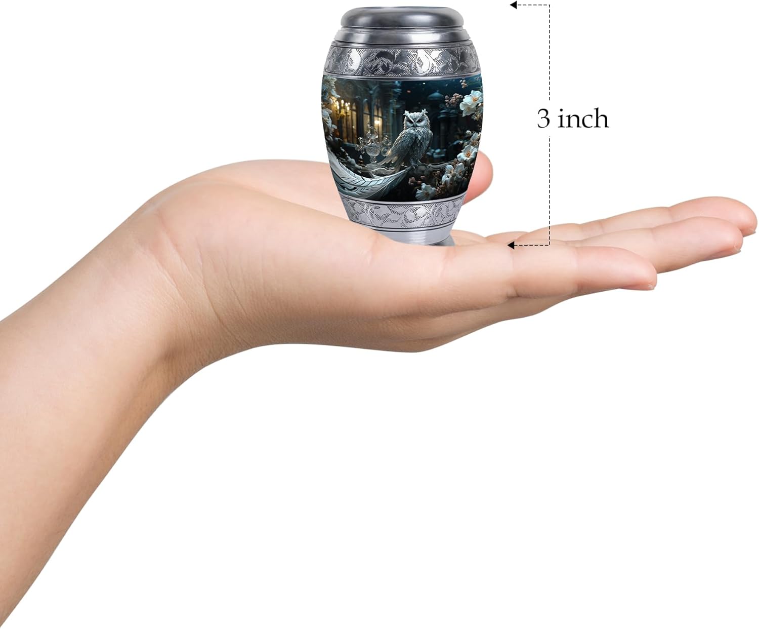 White Owl Sitting White Flower - Small Metal Ashes Urn - Miniature Urns for Ashes - Pack of 4 - Cremation Keepsakes