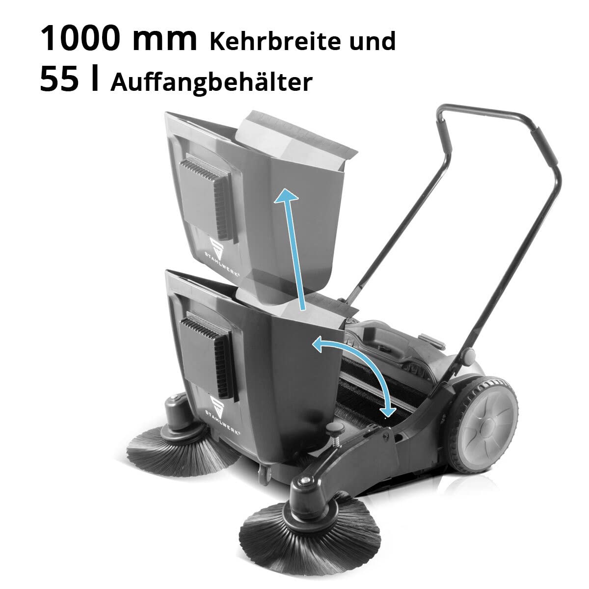 STAHLWERK Kehrmaschine SL-35 ST mit 1000 mm Kehrbreite und 55 l Fassungsvermögen, Handkehrmaschine/Bodenkehrmaschine mit doppeltem Bürstenkopf
