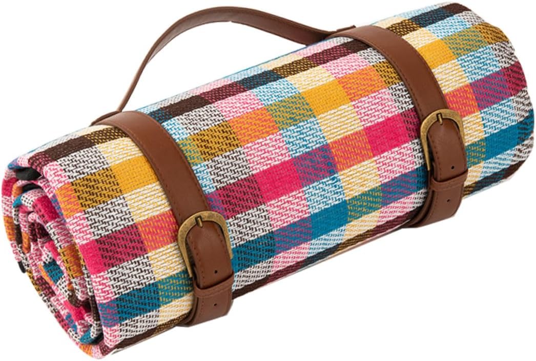Housoutil Waterproof Leather Strap Picnic Blanket 150x200cm Outdoor Camping Mat Moisture-Resistant Beach Cushion Portable Rug for Hiking and Travel
