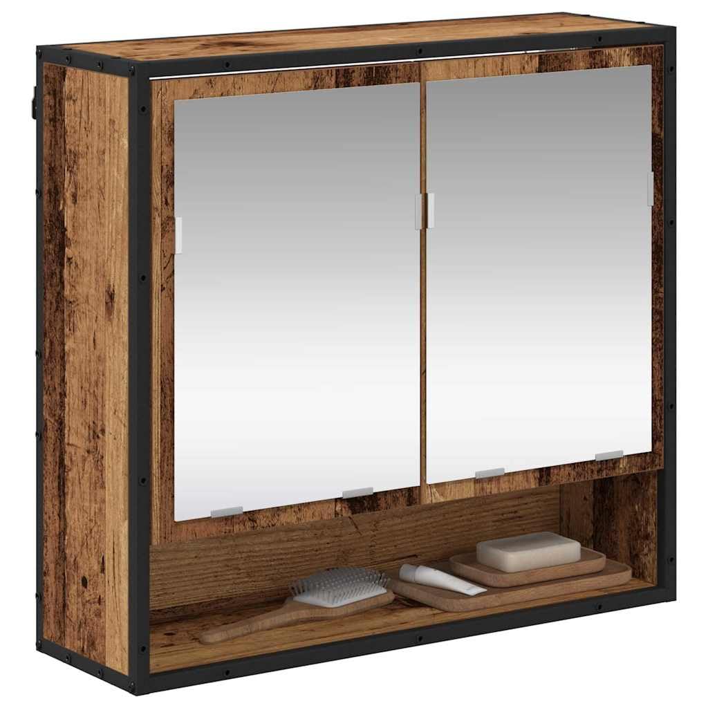 Scaffale da parete in legno anticato, 65 x 20 x 60 cm, con 3 ripiani e 2 ante, montaggio a parete per mobili da bagno e soggiorno, con ripiano e specchio, ideale come mobile sottolavabo