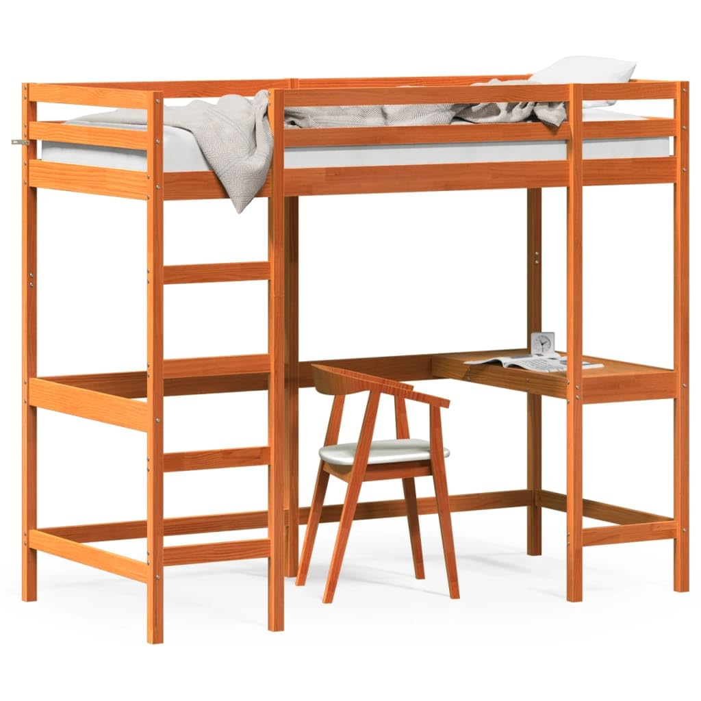 Beds & Accessories - Letto a soppalco con scrivania, 100 x 200 cm, in legno massello di pino, colore: Marrone