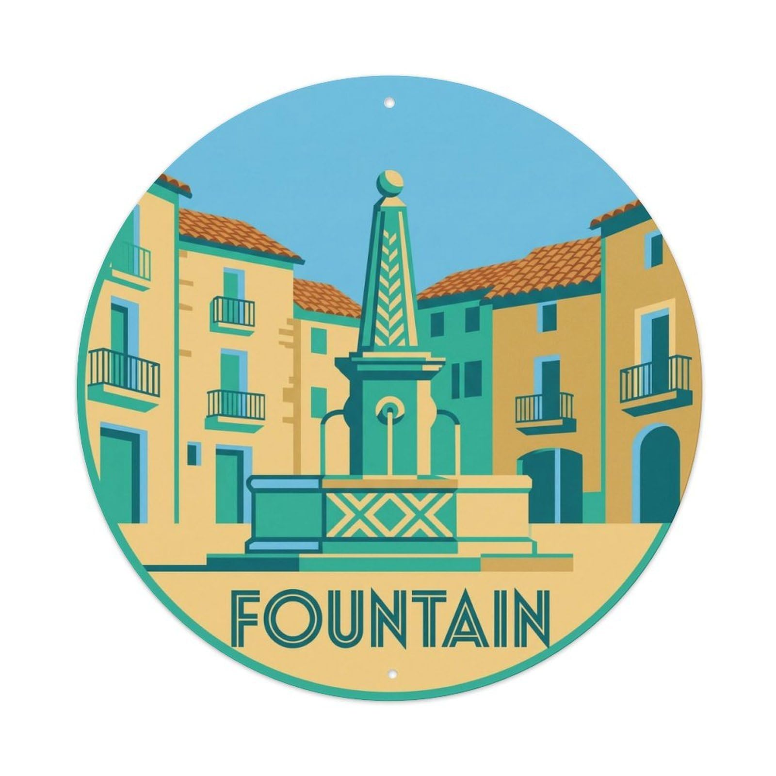 Olhnbad Style Old Town Fountain Mallorca Heritage Landmark Metal Tin Sign