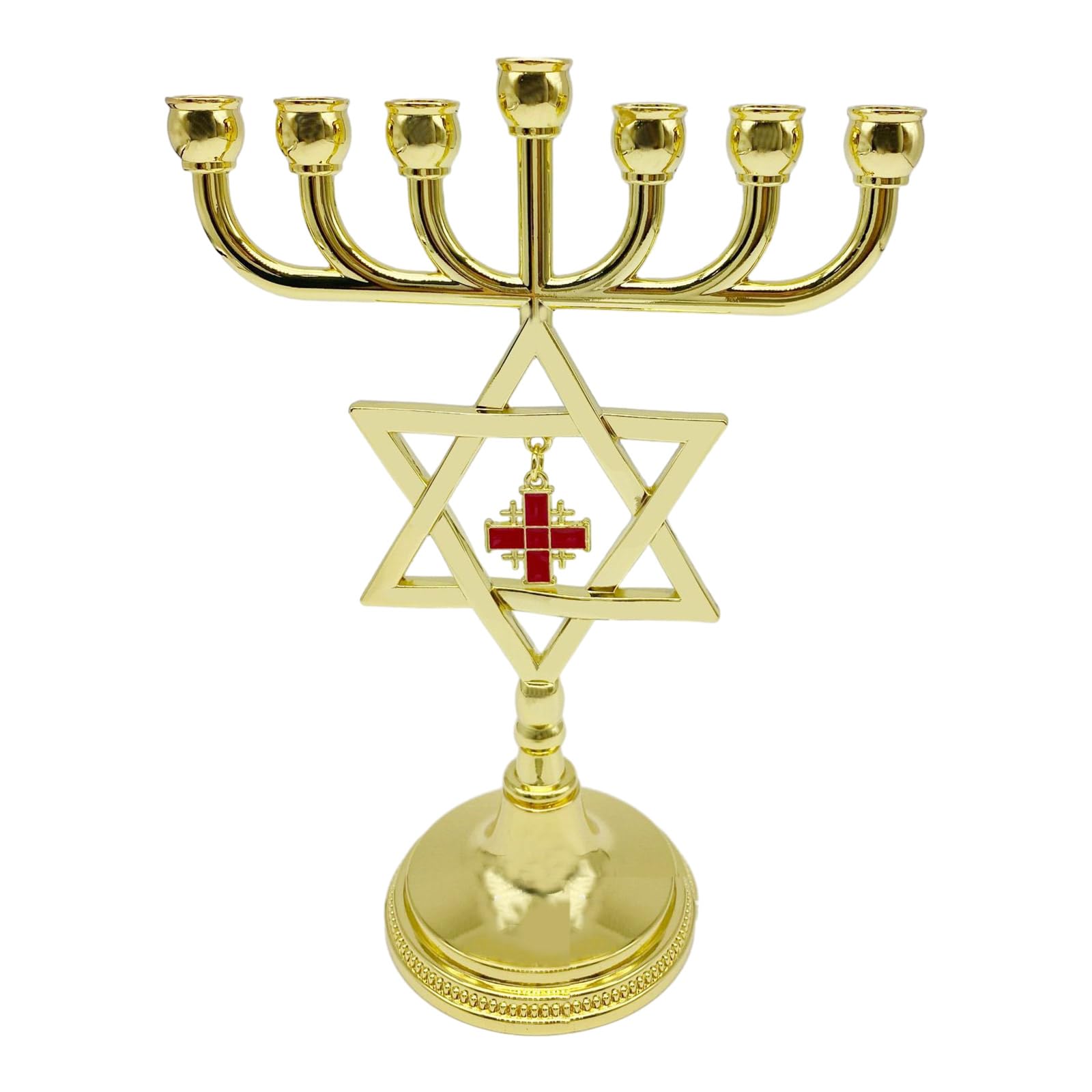 7 Branch Metal Menorah with Cross Pendant Vintage Hanukkah Candlestick Star Jewish Candle Holder Stand Ornament Decor