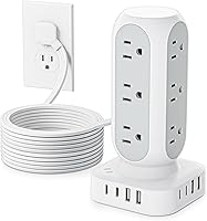 TenTrend 20-in-1 Power Strip Tower: 12 AC Outlets, 8 USB Ports (2 PD 20W USB-C), 10FT Flat Plug Surge Protector for Home Office Dorm