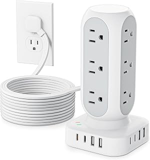 TenTrend 20-in-1 Power Strip Tower: 12 AC Outlets, 8 USB Ports (2 PD 20W USB-C), 10FT Flat Plug Surge Protector for Home Office Dorm