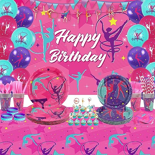Gymnastics Birthday Party Supplies - Decorations for Little Dance Gymnasts Including Happy Birthday Backdrop, Tableware, Tablecloth and Balloons, Serves 20