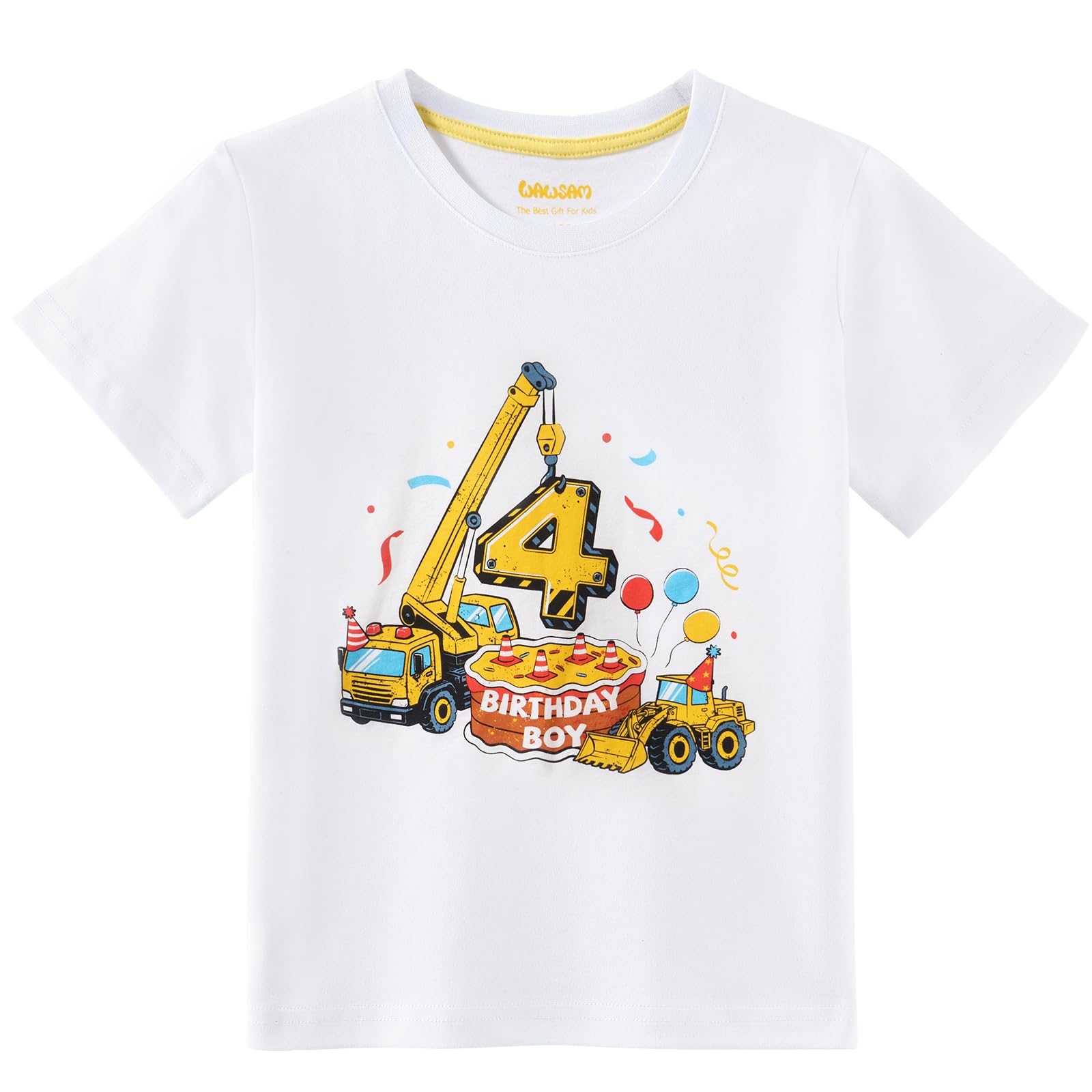 WAWSAM 4. Geburtstag Jungen T-Shirt aus Baumwolle T-Rex Geburtstagsshirt | für 4-jährige Jungen mit Dino-Zacken, Kurzarm Shirt für Geburtstag, Kindergarten und Feier