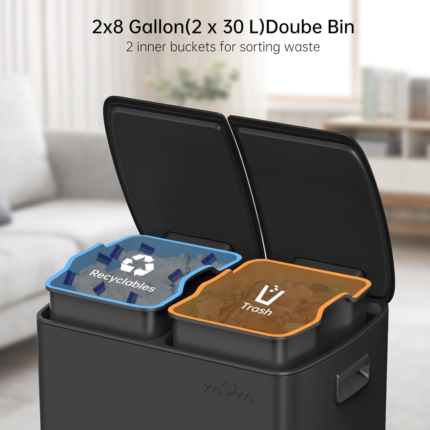 mVm Kitchen Trash Can,2x5.3Gallon(2x20L) Double Trash cans and Recycle Bin Combo with Lid and Anti-Fingerprint,Foot-Pedal,Soft-Close.Stainless Steel Garbage Can for Kitchen,Living Room(Matte Black) - Image 3