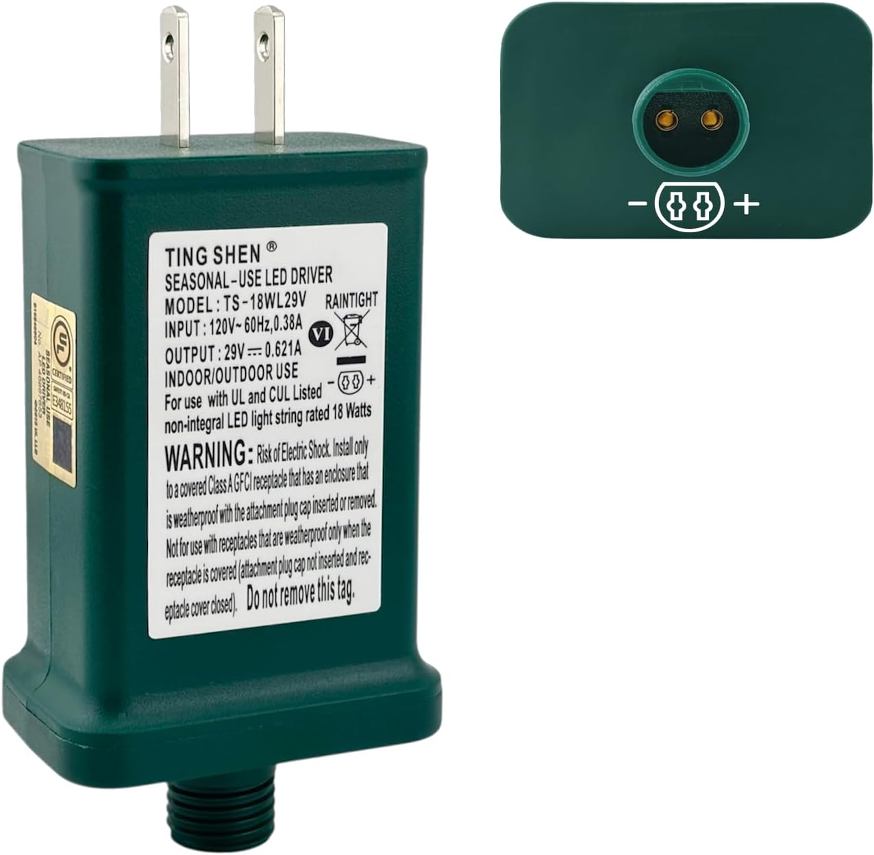 29V 0.621A 18W Power Supply Class 2 Transformer Raintight IP44 US Plug Connector 1/2in 12mm Adapter for LED String Seasonal-Use Light, Holiday Lighting, Christmas X-Mas Tree TS-18WL29V(Right Positive)