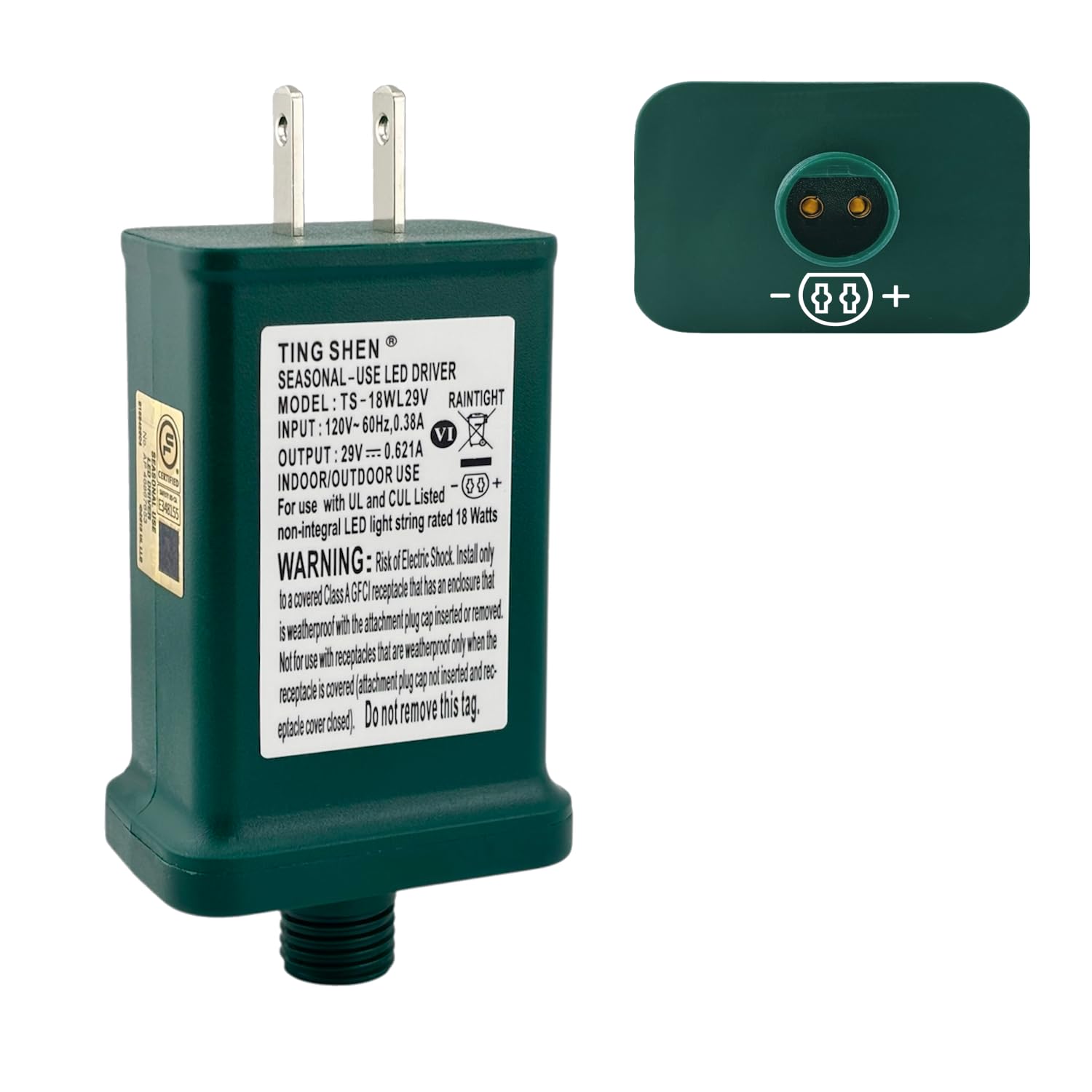 Power Supply TS-18WL29V Class 2 Transformer 29V 0.621A 18W Raintight IP44 US Plug Connector 1/2in 12mm Adapter Replacement for LED String Light, Holiday Lighting, Christmas X-Mas Tree