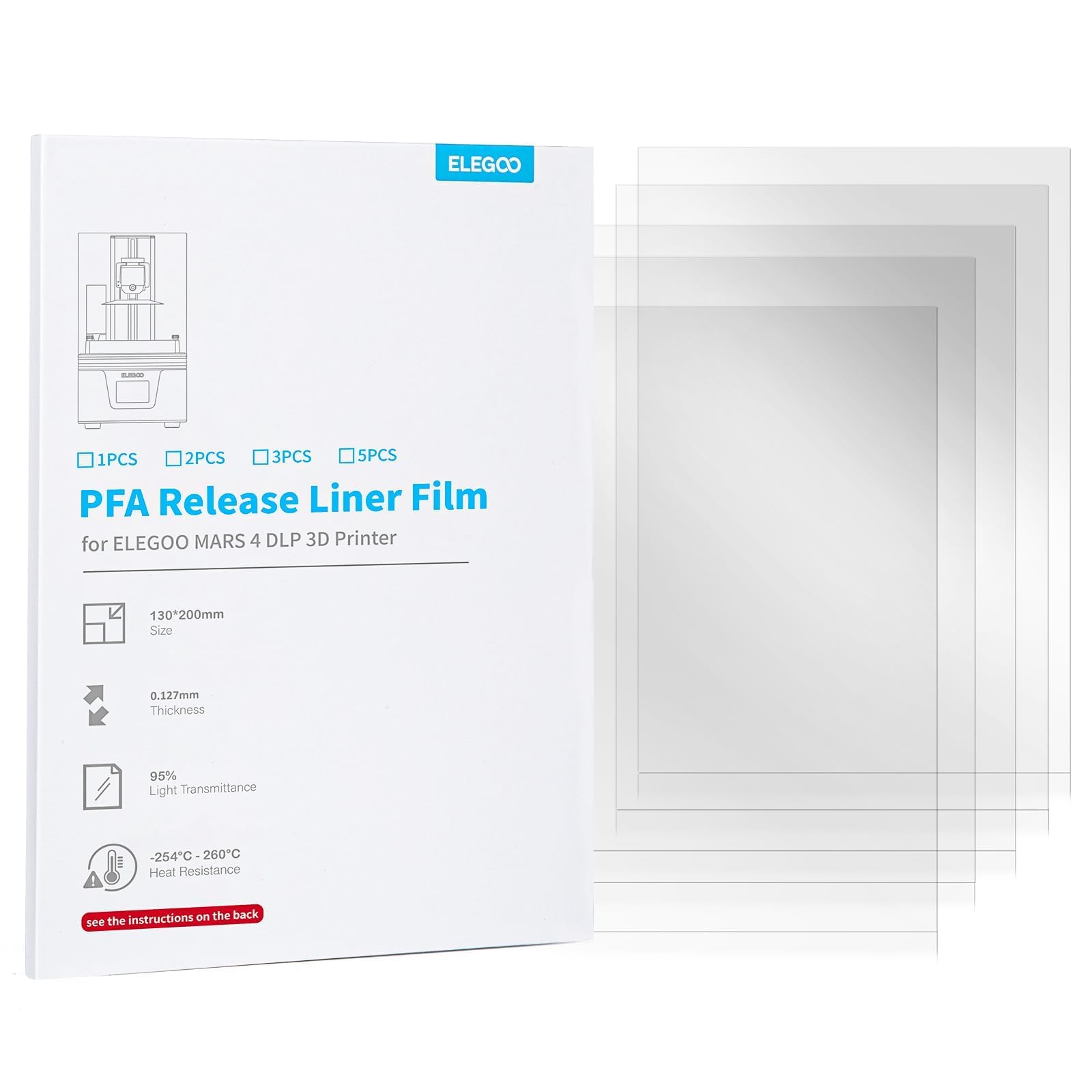 ELEGOO 5PCS PFA Release Liner Film, with Stronger Release Functionality and 95% Light Transmittance, Compatible with Mars 4 DLP 3D Printer, 200x130mm, 0.127mm Thickness