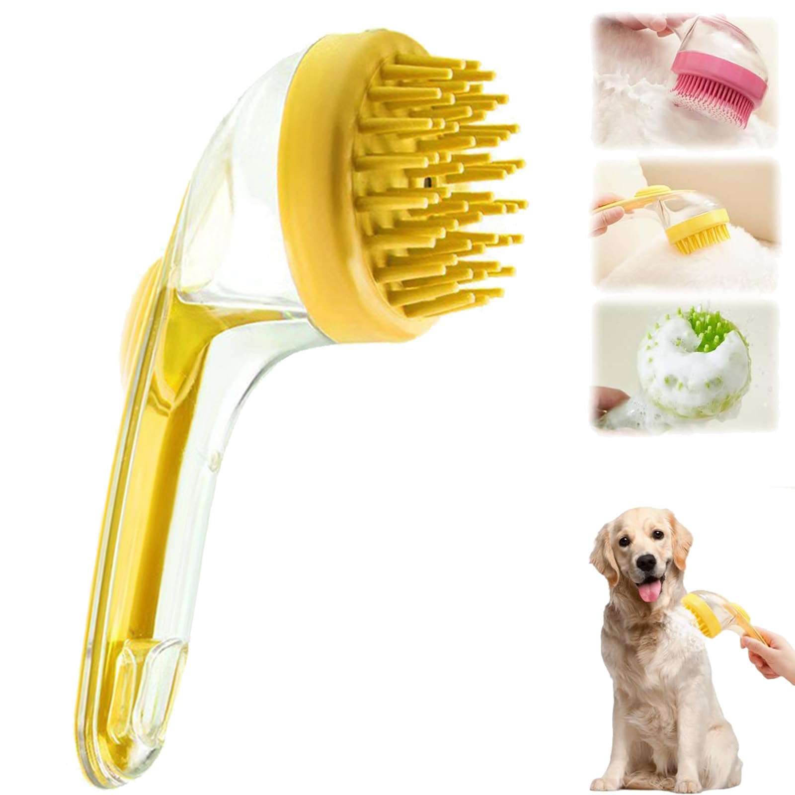 ZANWANXIN Pet Bath Brushs with Soap Dispenser,Hair Brush Pet Bath Brush with Shampoo Dispenser, French Bulldog Bathing Brushs (Yellow, Coarse bristle brush)