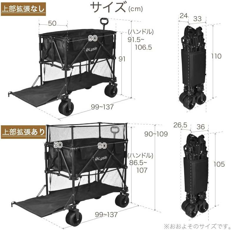 ライシン アウトドアワゴン Eシリーズ 2段 上部拡張 あり（最大366L）/なし（最大307L） 後ろ開け キャリーワゴン キャリ