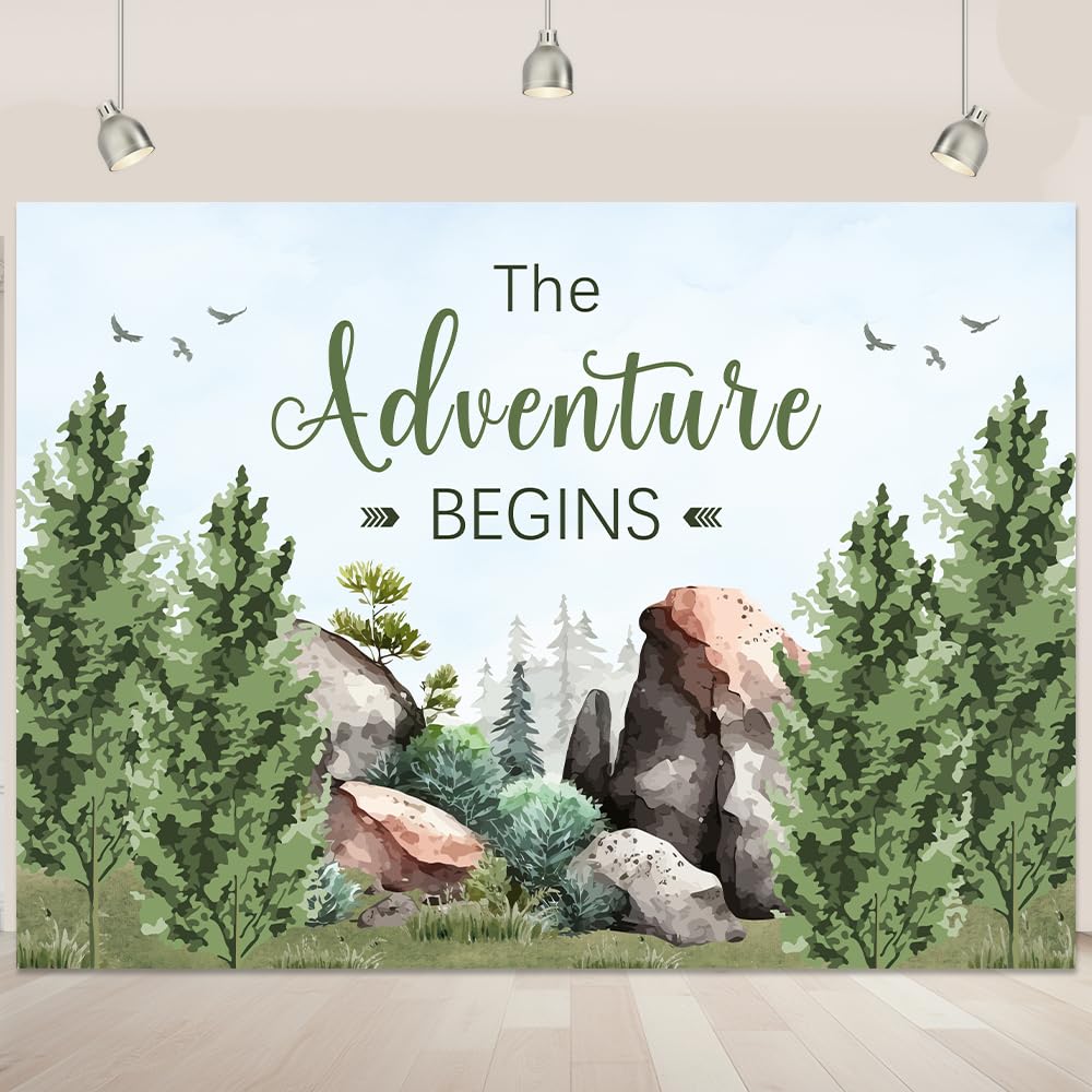 Adventure Awaits Backdrop Green Forest Adventure Photography Background Wilderness Stone Mountain Backdrop The Adventure Begins Banner Green Adventure