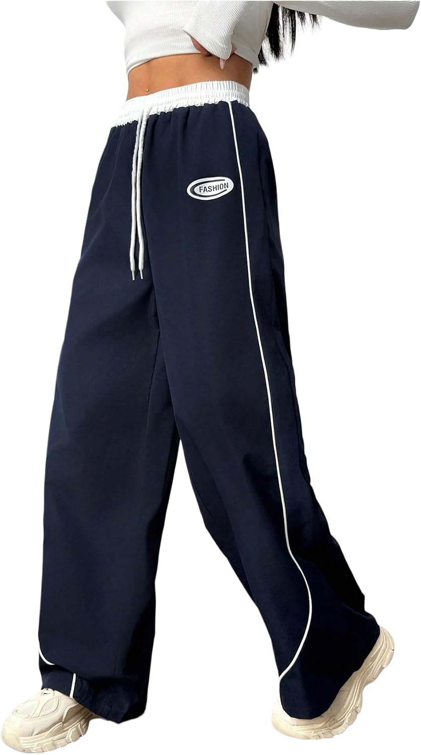 SHENHE Girl's Y2k Baggy Track Pants Wide Leg Elastic Waist Pants Trousers | Wide Leg Track Pants For Teen Girls, Side Stripes, Elastic Waistband With Drawstring