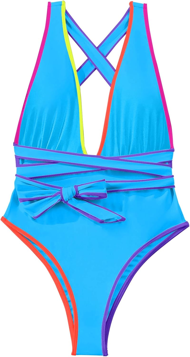 Lilosy Sexy Tie Criss Cross Plunge One Piece Thong Swimsuit High Cut Brazilian Bathing Suit - Image 4