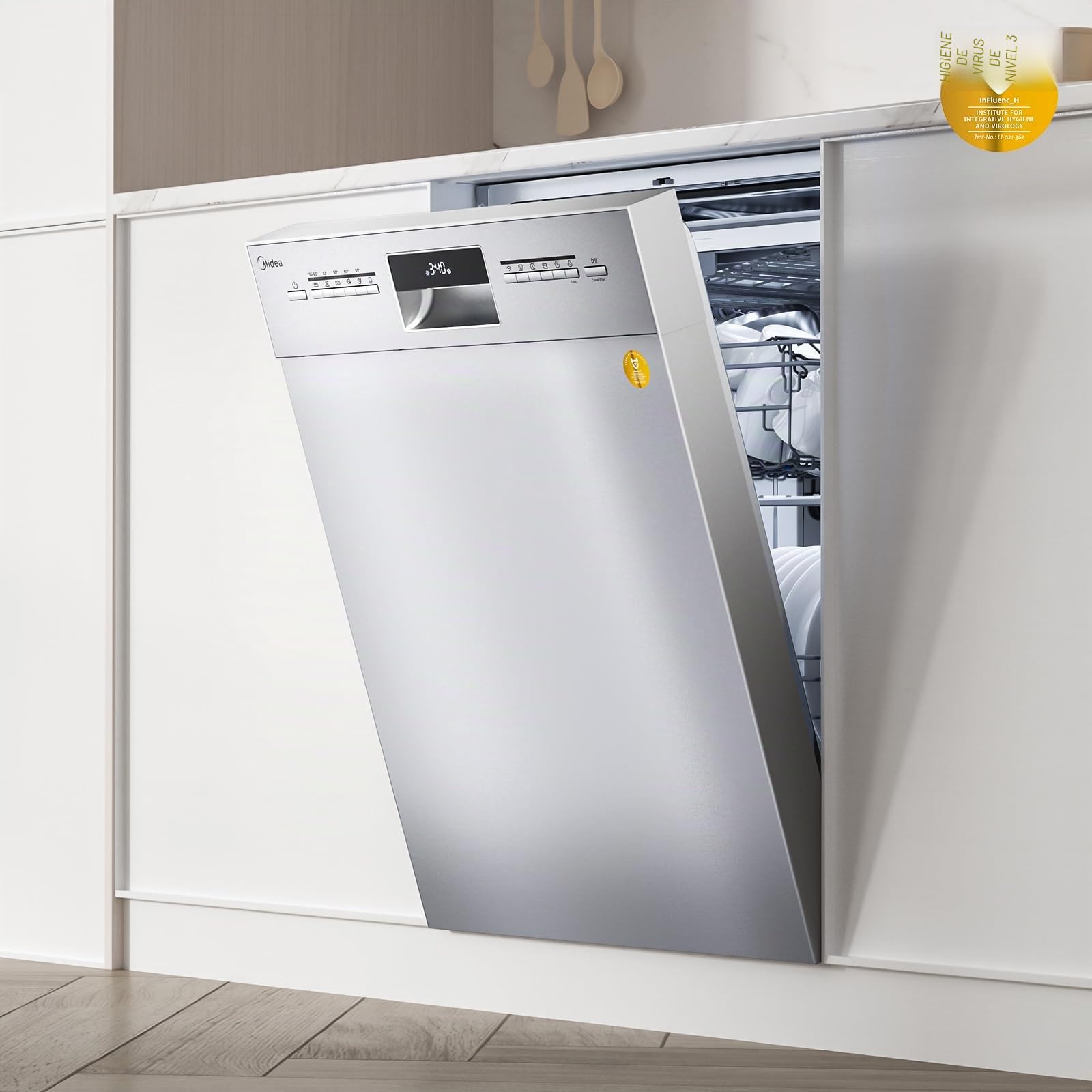Midea SU 7.35 x 14BS Lavavajillas 60 cm Base 14 cubiertos Lavavajillas Parcialmente Integrado con WiFi, Secado Extra, 8 Programas, 42 dB, 1-24 Horas Inicio Retrasado, Acero Inoxidable