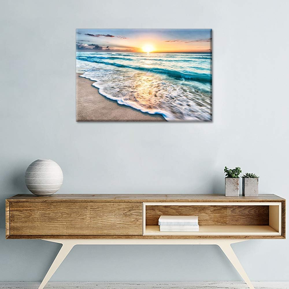 TUMOVO Wall Art for Living Room White Beach Canvas Art Wall Decor Blue Sea Sunset Pictures Print on Canvas Natural Landscape Painting Seascape Modern Artwork Stretched Framed Ready to Hang - 12" x 18" 12 in x 18 in (W x H) Blue,White