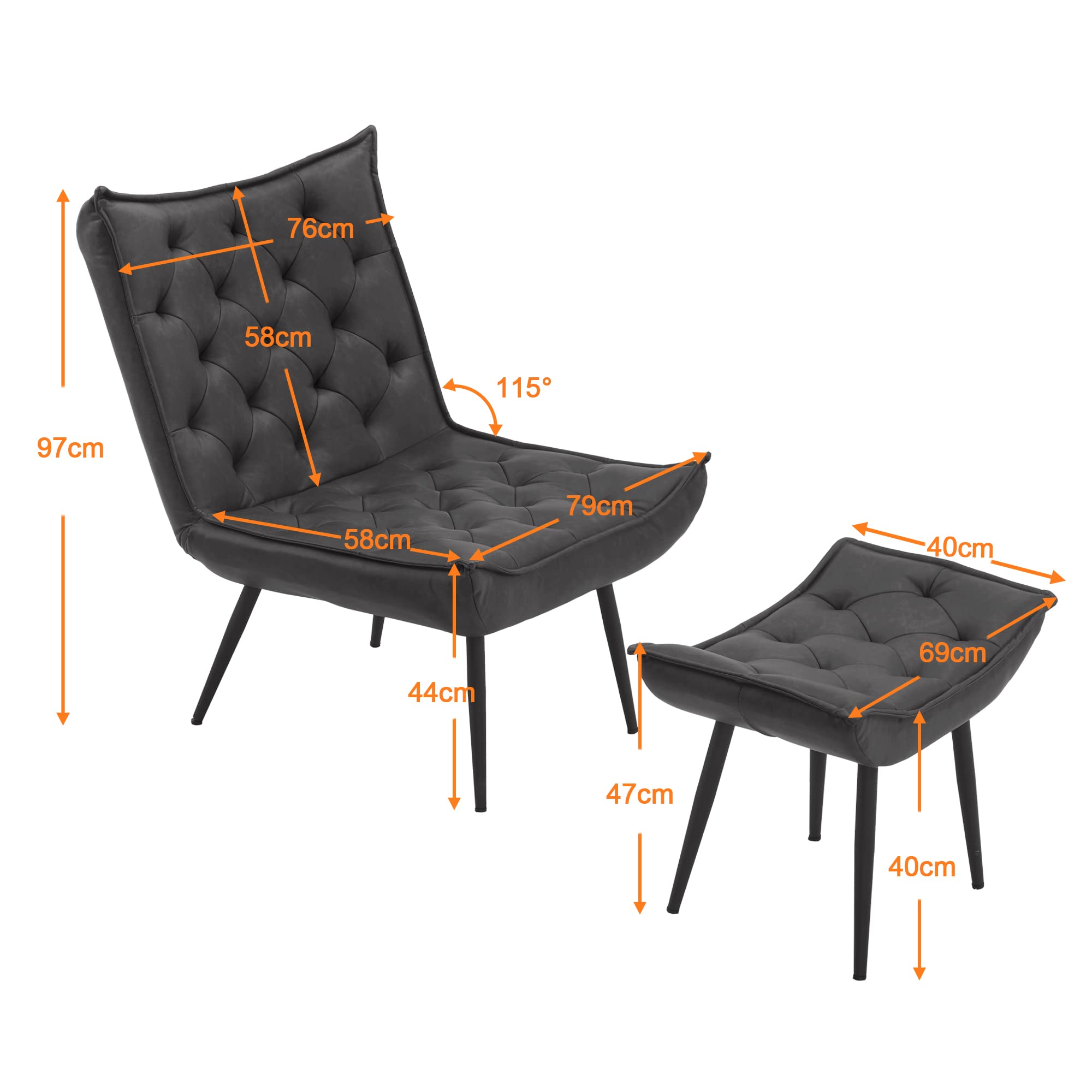 MCombo Sessel mit Hocker, moderner Relaxsessel mit Taillenkissen für Wohnzimmer, Retro Vintage Lesesessel Loungesessel Stuhl Polstersessel 4778(Dunkelgrau-Kunstleder)