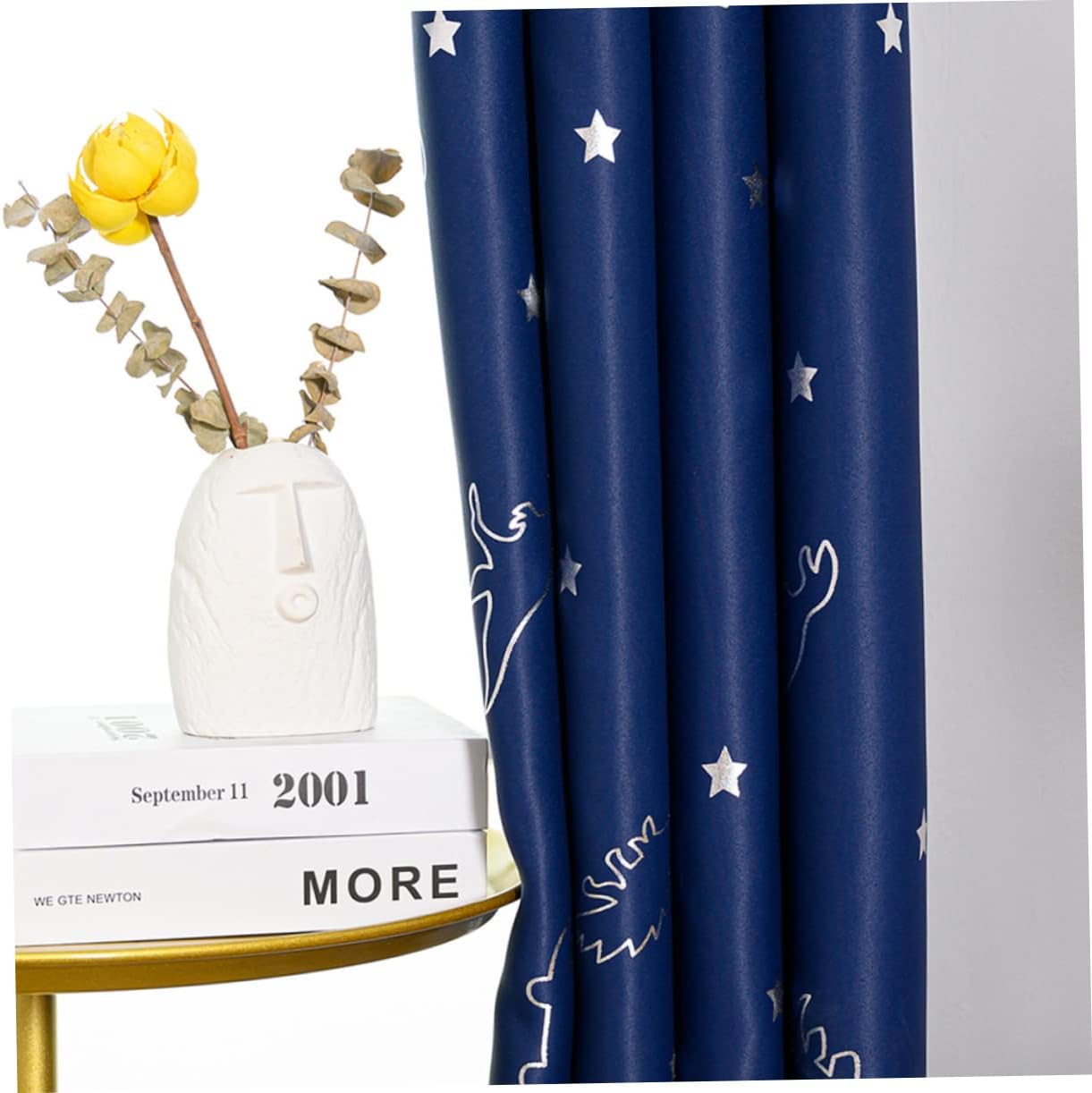 1 Pair Adorable Dinosaur Printed Curtains Creative Shading Drapes for Boys Nursery Star Pattern Window Treatment Navy Blue Design