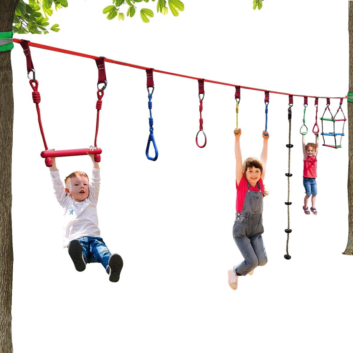 Toy Park Ninja Slackline Warrior Obstacle Course for Kids 15m Ninja Slackline Hanging Gym Rings, Monkey Bars, Climbers & Ladders, Tree Protectors, Perfect Outdoor Fun for Kids