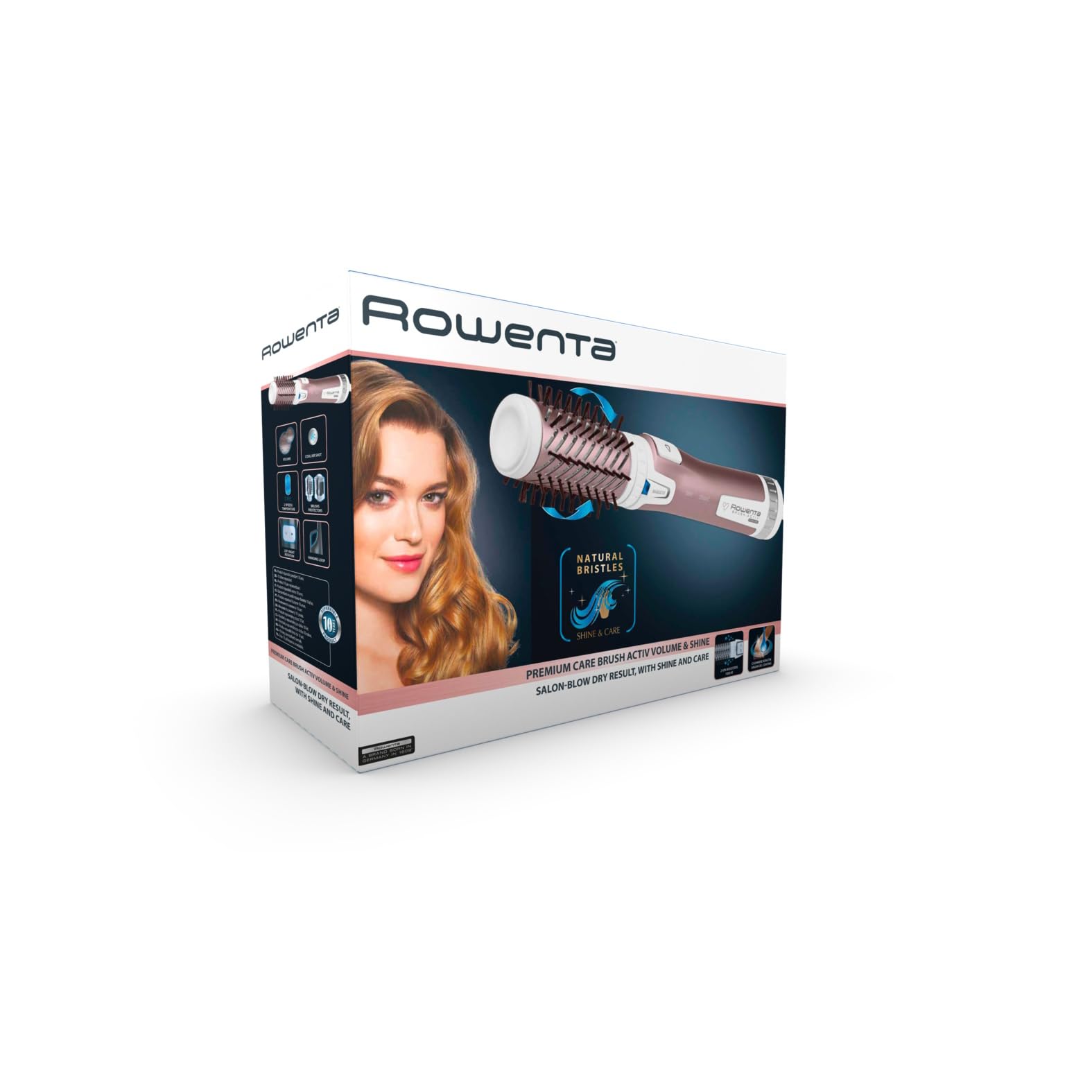 Rowenta Brush Activ Premium Care rotierende Warmluftbürste, Naturborsten für glänzendes Haar, Kaschmir-Keratin-Beschichtung, 2 Bürstenaufsätze 40mm und 50mm, 3 Stufen, Föhnbürste, weiß, CF9540