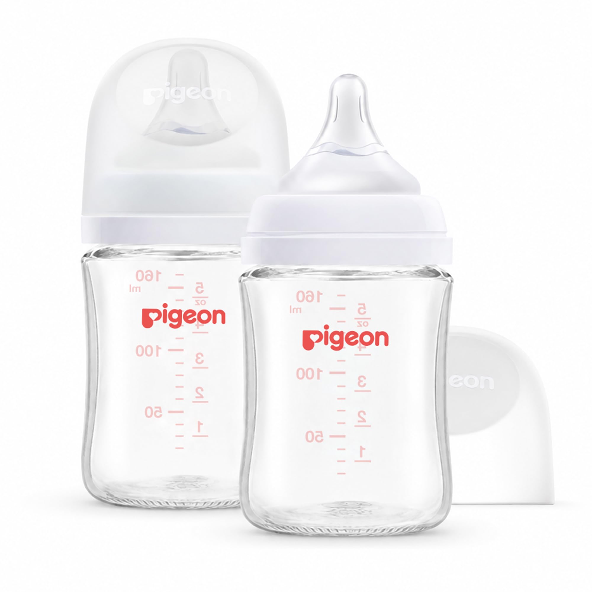 Biberón de vidrio Pigeon de cuello ancho, anticólico, cuerpo aerodinámico, sensación natural, fácil de limpiar, resistente al calor, 150 ml (paquete de 2), incluye 2 tetinas de acero inoxidable (0m+)
