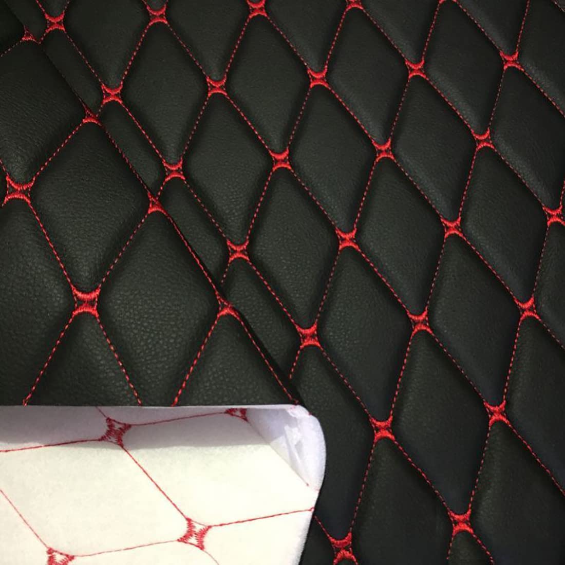 Faux Leather Fabric Quilted Foam Vinyl Fabric Upholstery Thick 6mm Foam Backed for Cars Vehicle Seat Cover Furniture Auto Headliner Repair Headboards DIY Crafts(Size:1.5x1m/59x39in,Color:Red Thread 1)